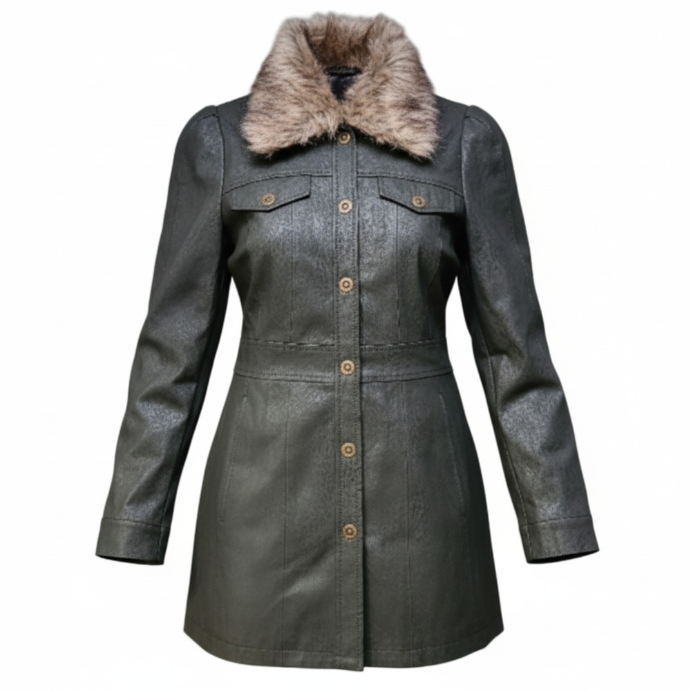 Anthropologie Maeve Kellie Faux Leather Jacket Green Fur Collar Women Size 8